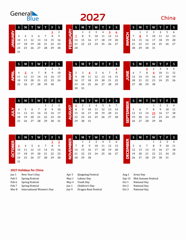 Download China 2027 Calendar - Sunday Start
