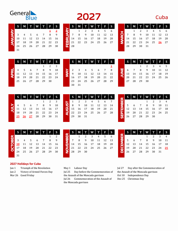 Download Cuba 2027 Calendar - Sunday Start