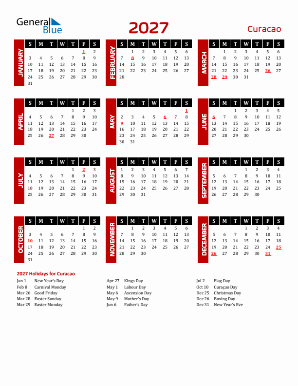 Download Curacao 2027 Calendar - Sunday Start