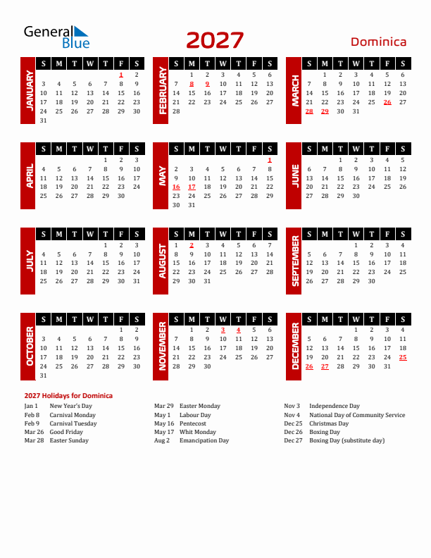 Download Dominica 2027 Calendar - Sunday Start