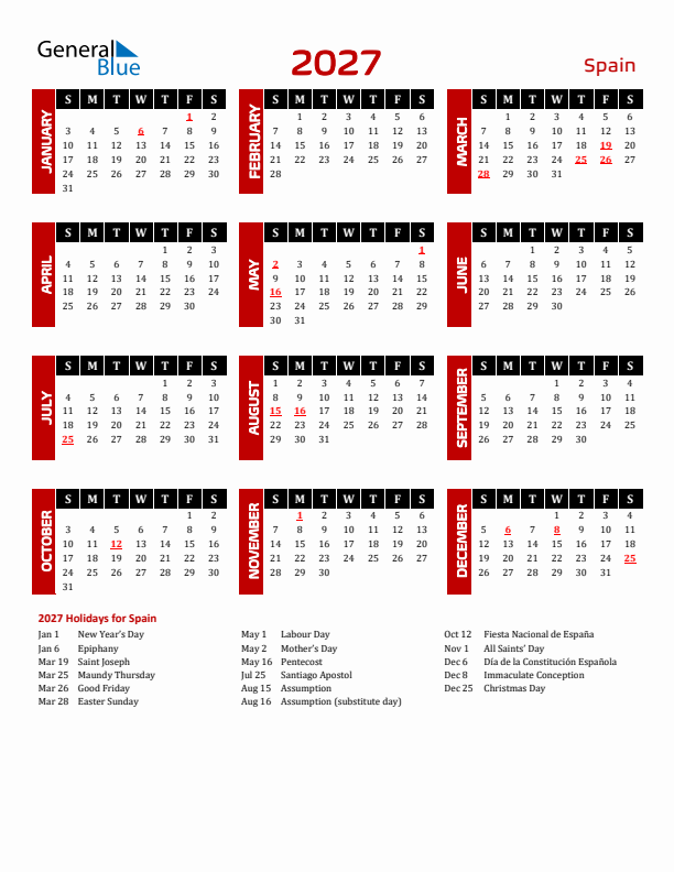 Download Spain 2027 Calendar - Sunday Start