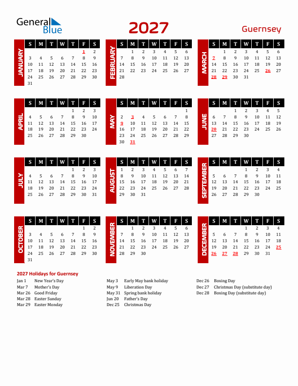 Download Guernsey 2027 Calendar - Sunday Start