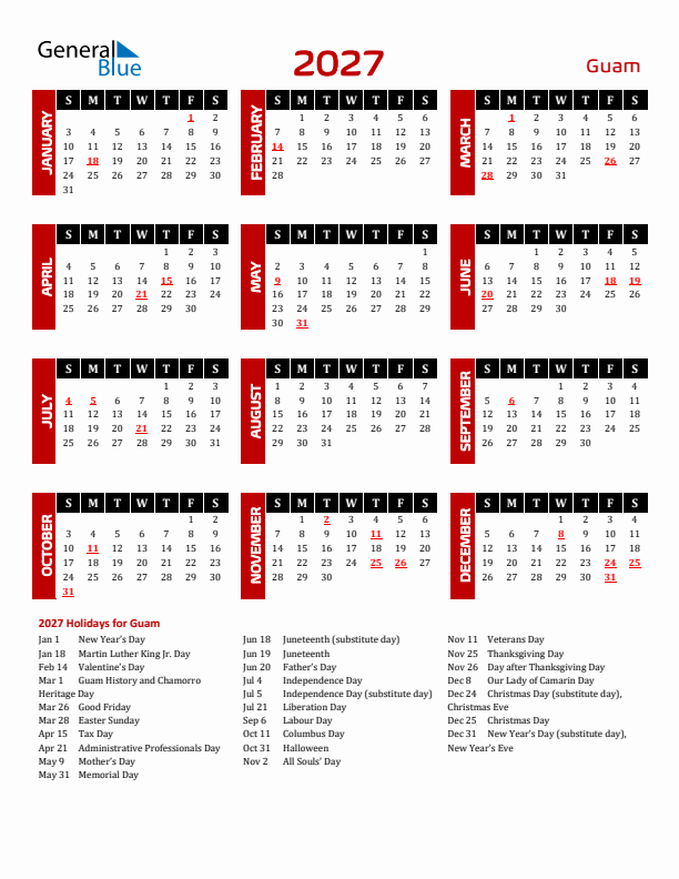 Download Guam 2027 Calendar - Sunday Start