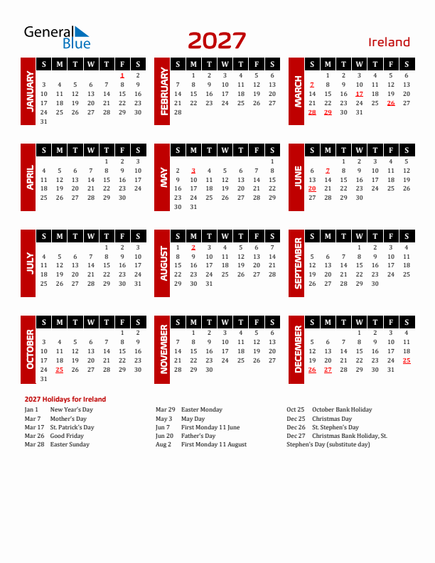 Download Ireland 2027 Calendar - Sunday Start