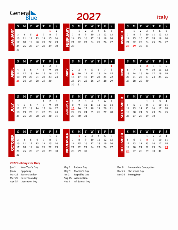 Download Italy 2027 Calendar - Sunday Start