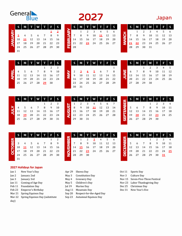 Download Japan 2027 Calendar - Sunday Start