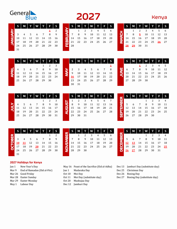 Download Kenya 2027 Calendar - Sunday Start