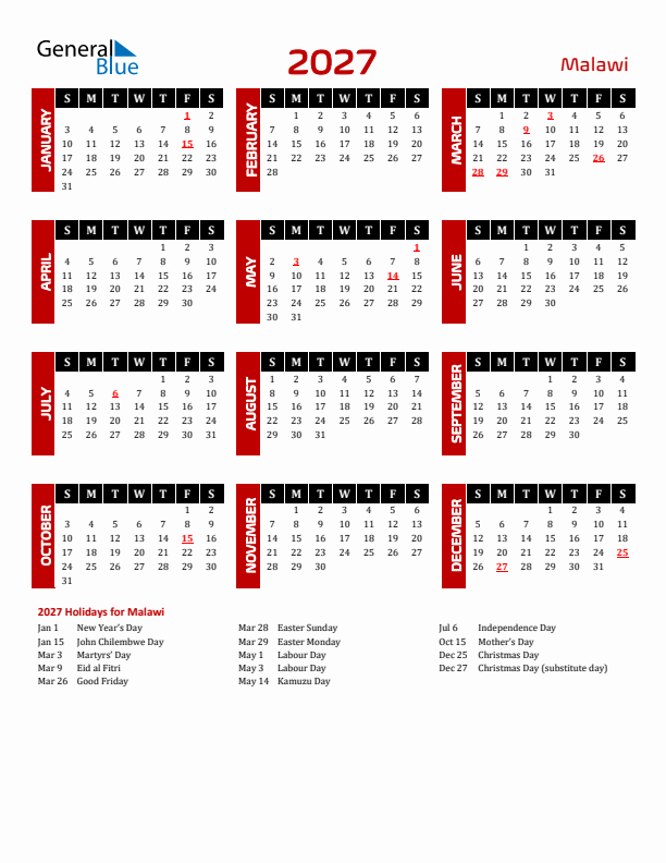 Download Malawi 2027 Calendar - Sunday Start