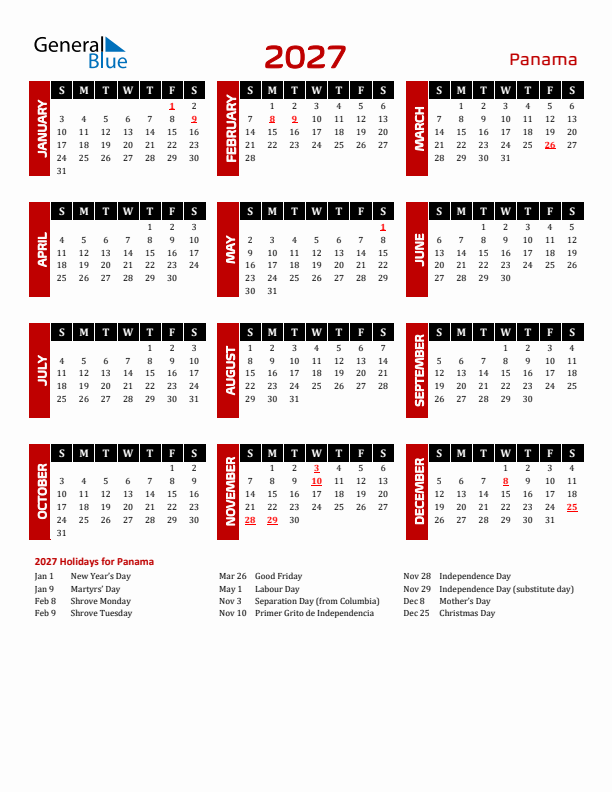 Download Panama 2027 Calendar - Sunday Start