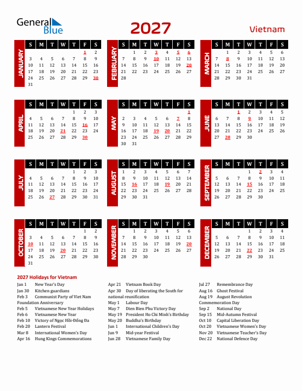 Download Vietnam 2027 Calendar - Sunday Start