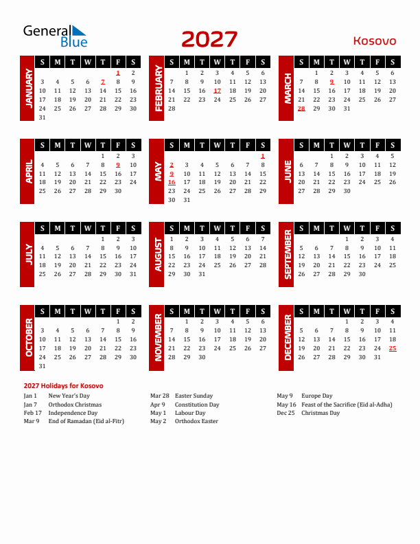 Download Kosovo 2027 Calendar - Sunday Start
