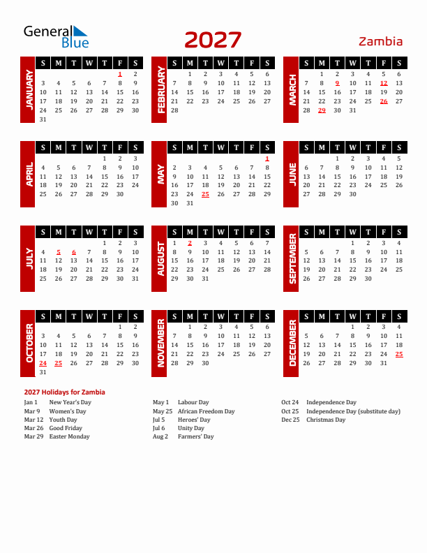Download Zambia 2027 Calendar - Sunday Start