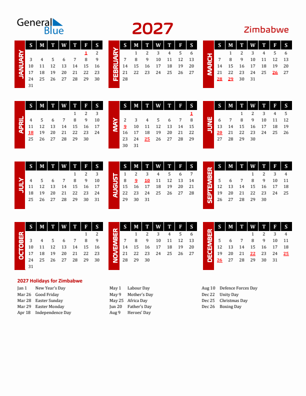 Download Zimbabwe 2027 Calendar - Sunday Start