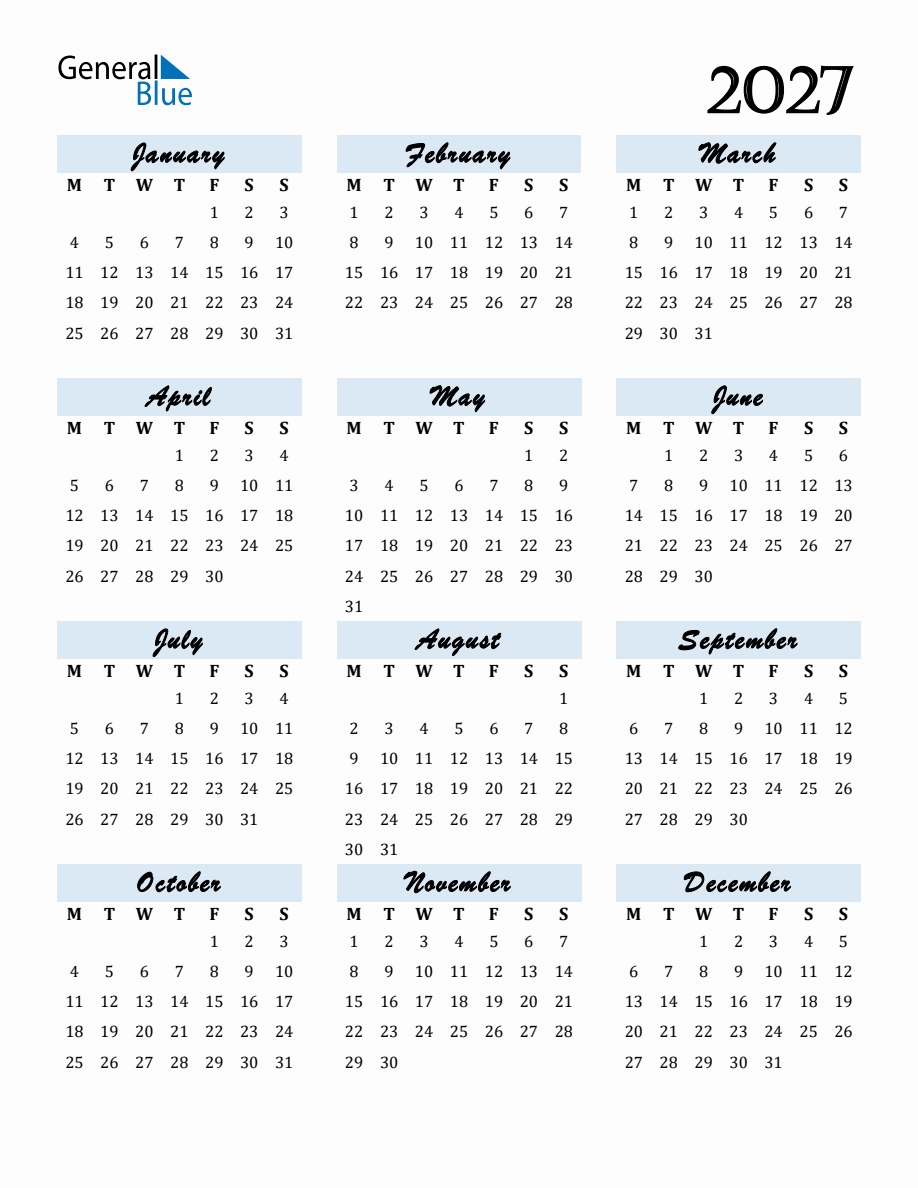 Free Downloadable Calendar for Year 2027