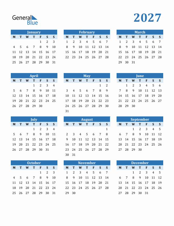 2027 Year Calendar with Monday Start