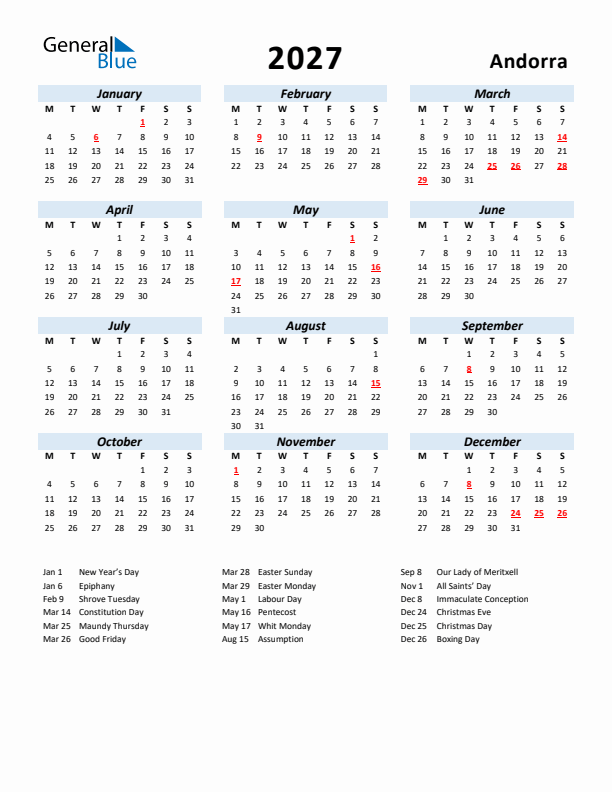 2027 Calendar for Andorra with Holidays