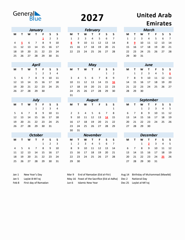 2027 Calendar for United Arab Emirates with Holidays