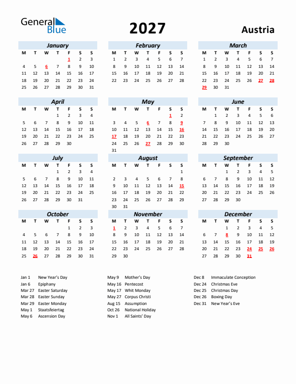 2027 Calendar for Austria with Holidays