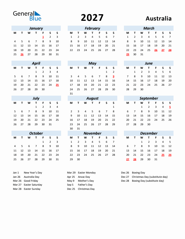 2027 Calendar for Australia with Holidays