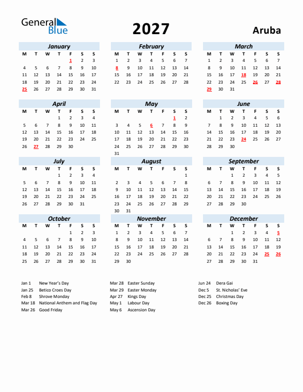 2027 Calendar for Aruba with Holidays