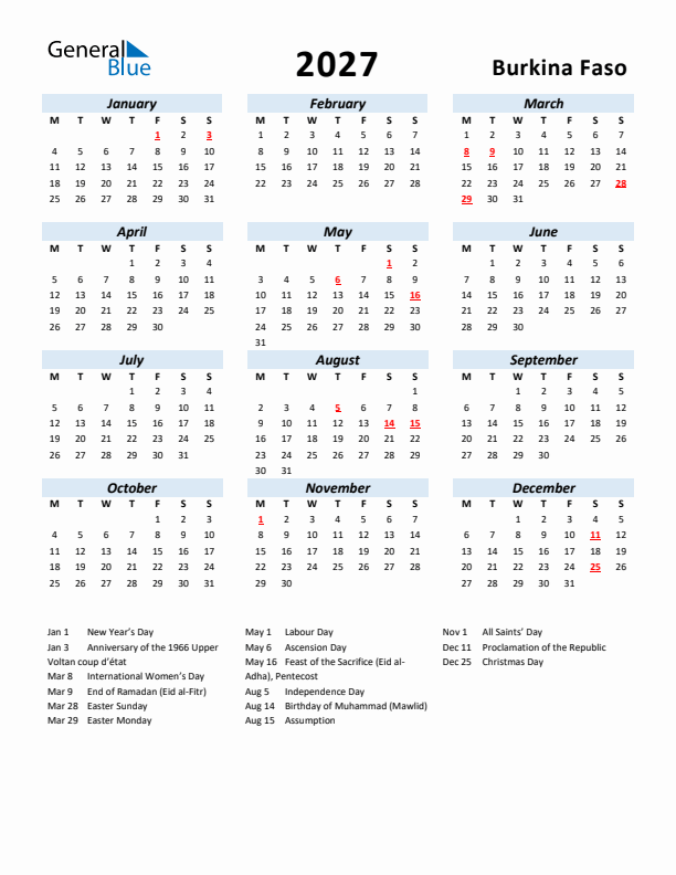 2027 Calendar for Burkina Faso with Holidays