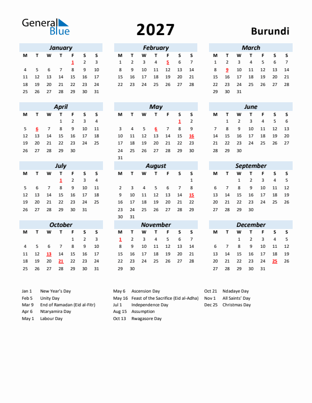 2027 Calendar for Burundi with Holidays