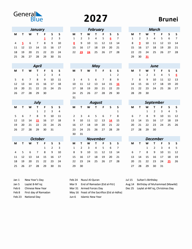 2027 Calendar for Brunei with Holidays