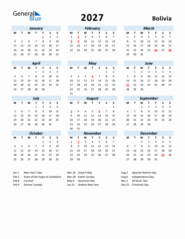 2027 Calendar for Bolivia with Holidays