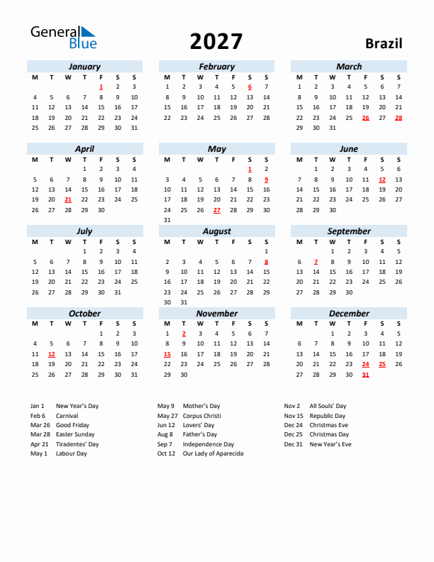 2027 Calendar for Brazil with Holidays