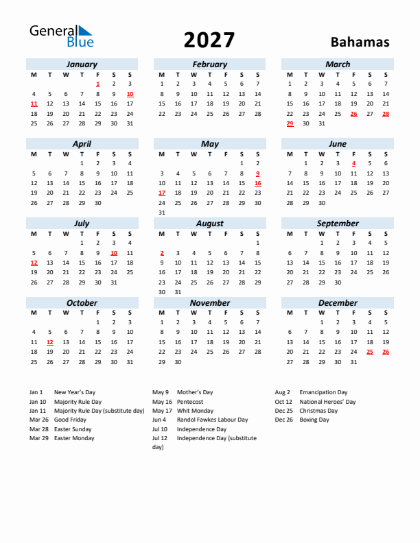 2027 Calendar for Bahamas with Holidays