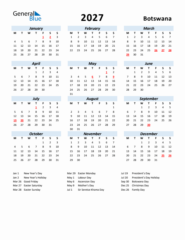 2027 Calendar for Botswana with Holidays