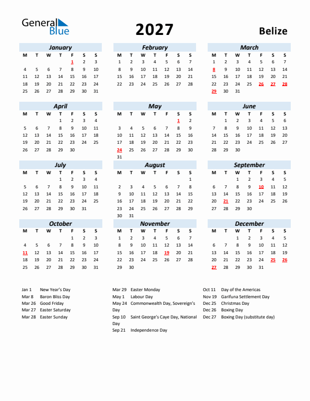 2027 Calendar for Belize with Holidays