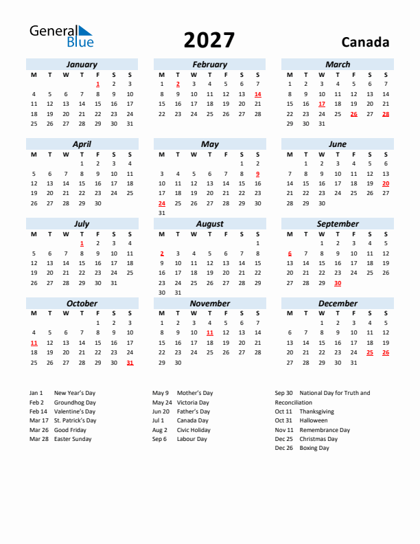 2027 Calendar for Canada with Holidays