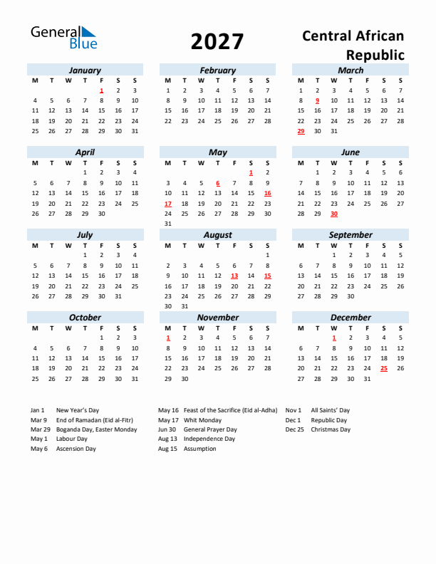 2027 Calendar for Central African Republic with Holidays