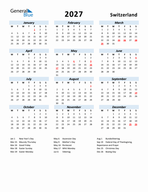 2027 Calendar for Switzerland with Holidays