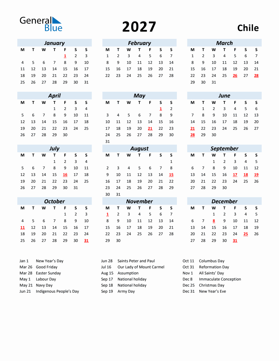 2027 Yearly Calendar for Chile with Holidays