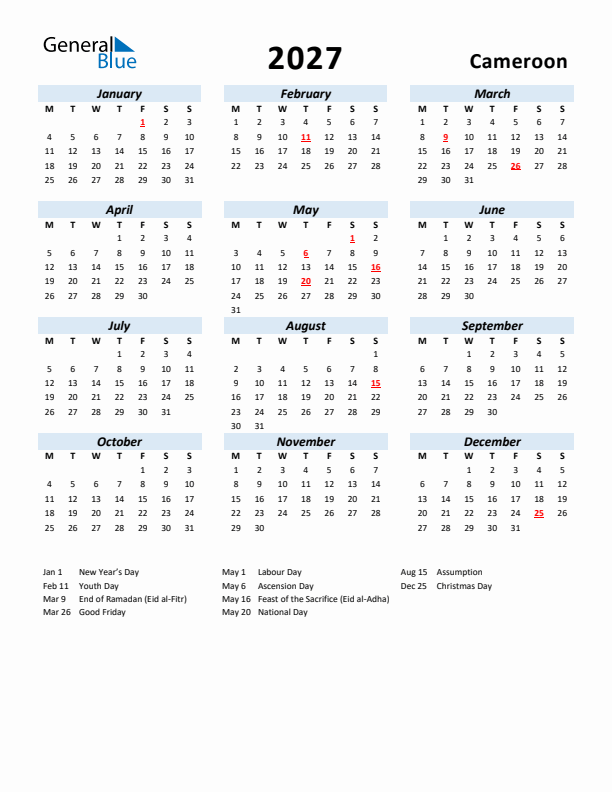 2027 Calendar for Cameroon with Holidays