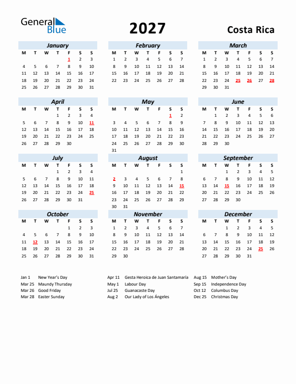 2027 Calendar for Costa Rica with Holidays