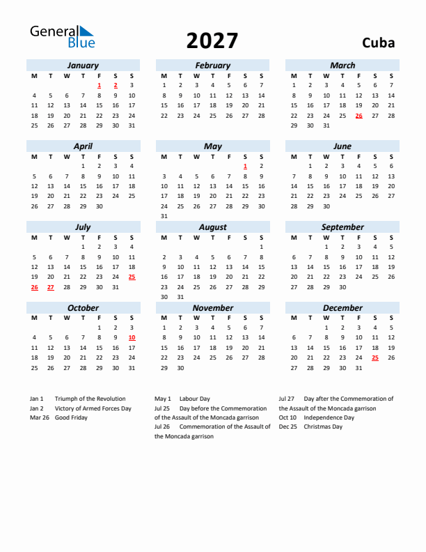 2027 Calendar for Cuba with Holidays