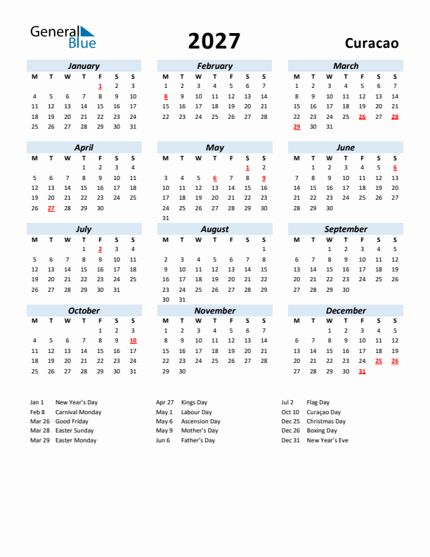 2027 Calendar for Curacao with Holidays