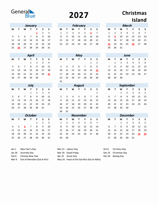 2027 Calendar for Christmas Island with Holidays