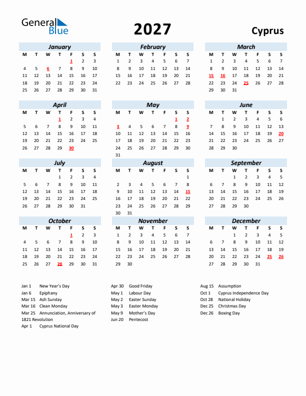 2027 Calendar for Cyprus with Holidays