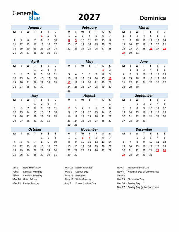 2027 Calendar for Dominica with Holidays