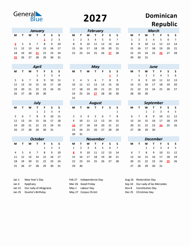 2027 Calendar for Dominican Republic with Holidays