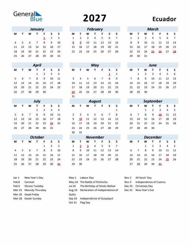 2027 Calendar for Ecuador with Holidays