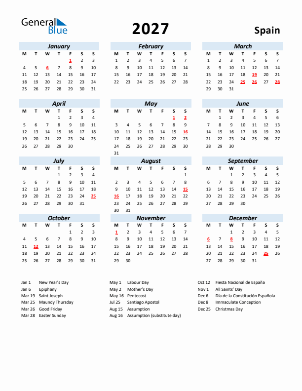 2027 Calendar for Spain with Holidays