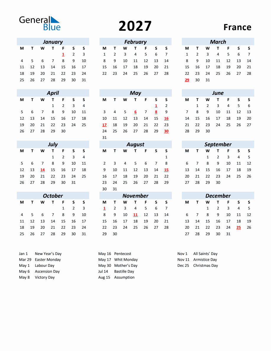 2027 Yearly Calendar For France With Holidays