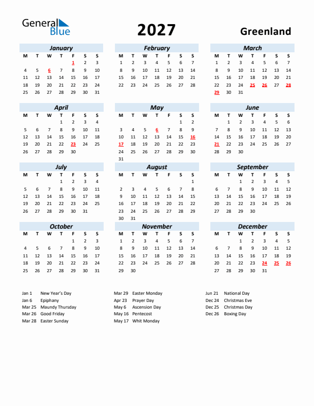 2027 Calendar for Greenland with Holidays