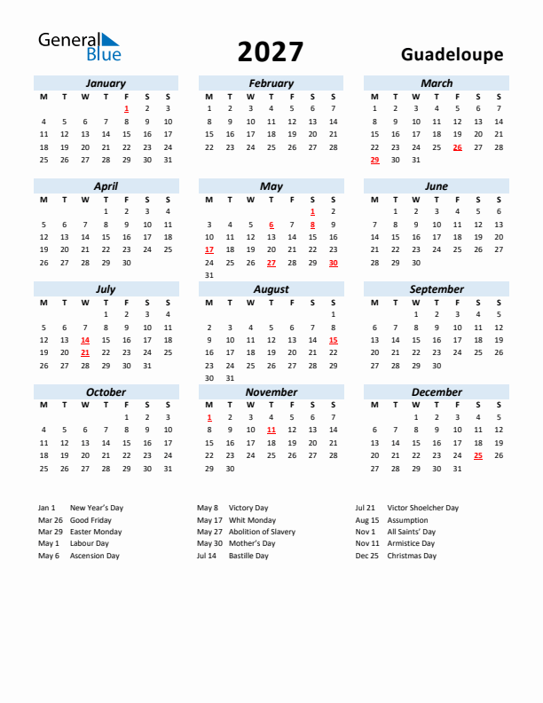 2027 Calendar for Guadeloupe with Holidays
