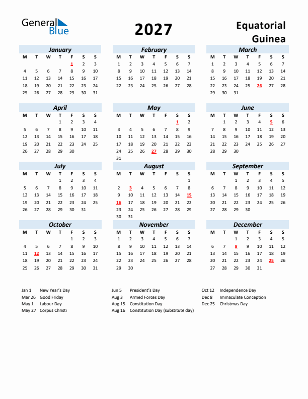 2027 Calendar for Equatorial Guinea with Holidays